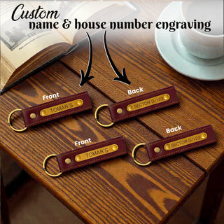 Leather Keychain Set of 2 with Custom Name, House Number & Mobile Number Engraved