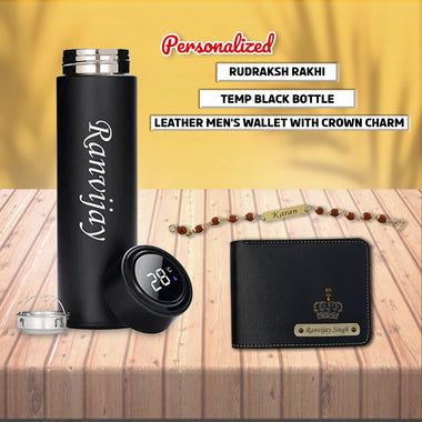 Personalized Rakshbandhan Combo- Temperature Bottle, Rudrakash Rakhi & Men's Wallet.