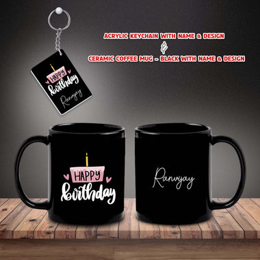 Birthday Gift Combo – Black Ceramic Coffee Mug &  Acrylic Keychain with 'Happy Birthday' Quote & Name.