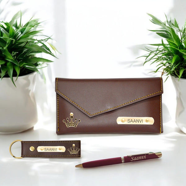 New Year Gift Hamper for Women - Pen, Leather Keychain & Leather Clutch