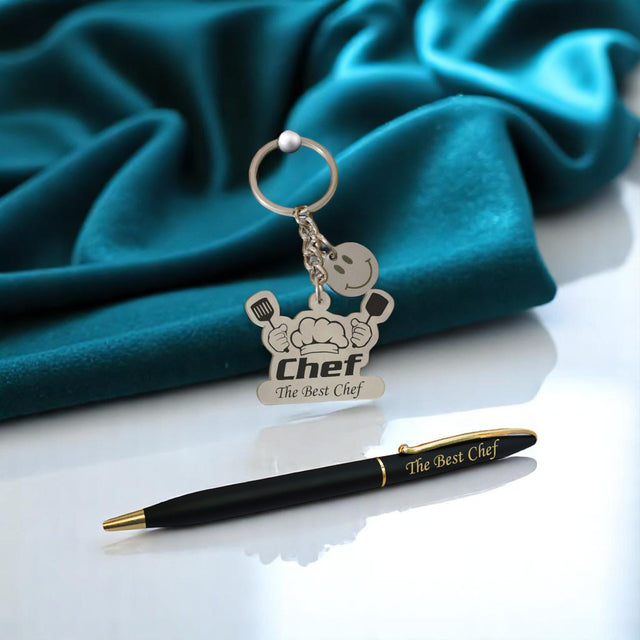 Chef Combo: Pen & Stainless Steel Keychain with 'The Best Chef' Engraving
