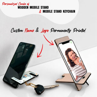 Wooden Mobile Stand and Custom Keychain Set – Engraved with Name and Company Logo