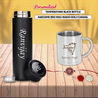 Personalized Rakhi Set: Awesome Bro Mug & Name Bottle.