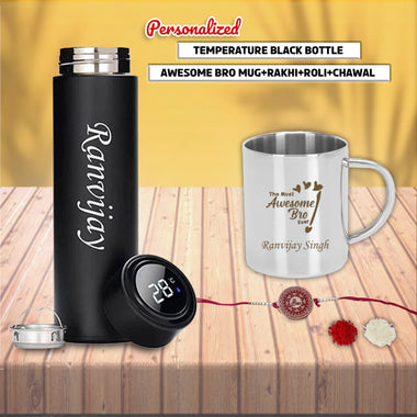 Personalized Rakhi Set: Awesome Bro Mug & Name Bottle.