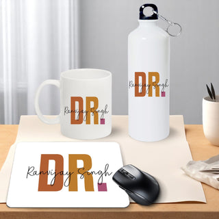 Customized Doctor Gift Set – Printed Bottle, Mug & Mouse Pad with Custom Name | Gifts for Doctors India