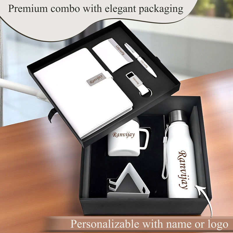 Customized 7-in-1 combo – Custom Name/Logo Engraved Diary, Pen, Key chain, Cardholder, Bottle, Mug & Mobile Stand.