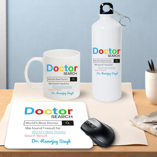 Customized Doctor Gift Set – Printed Bottle, Mug & Mouse Pad with Custom Name | Gifts for Doctors India