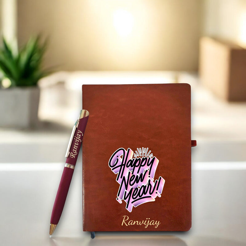 New Year Gift Set - Personalized Leather Diary and Metal Pen (Brown)