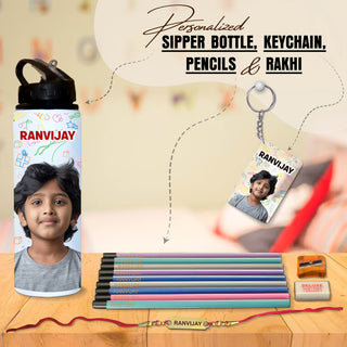 Personalized Rakshabandhan Gift Set for Kids | Customized Rakhi for Brother Kids with Name | Photo Bottle, Personalized Keychain & Pencils Set