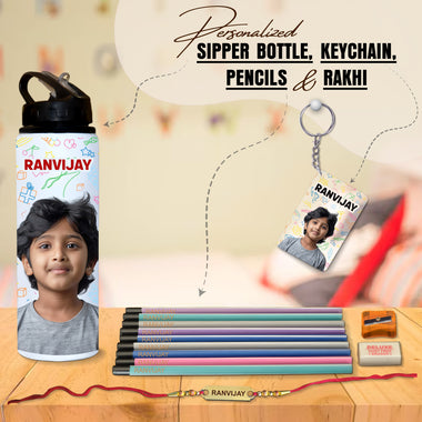 Kids Rakhi Gift Set – Rakhi, Photo Bottle, Keychain & Pencil Set.