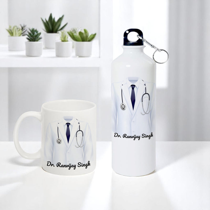 Doctor Gift Set –Custom Name Water Bottle & Ceramic Mug with Doctor Themed Design.