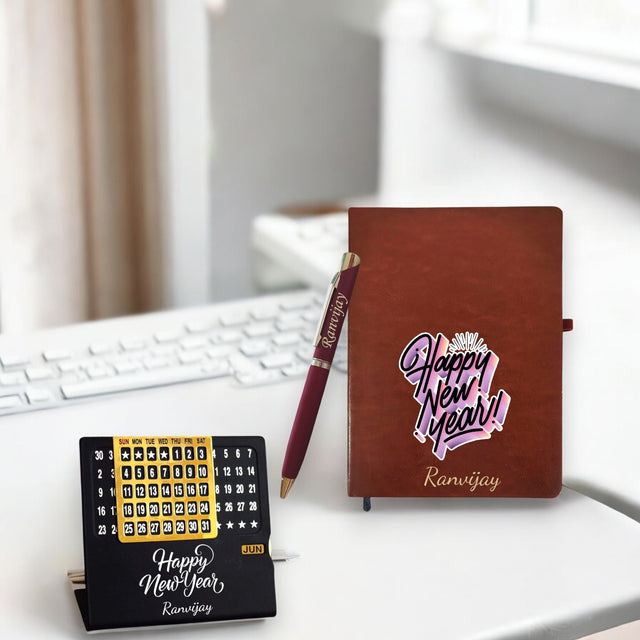 New Year Hamper Combo (Brown) - Infinity Calendar, Slim Pen & Leather Diary