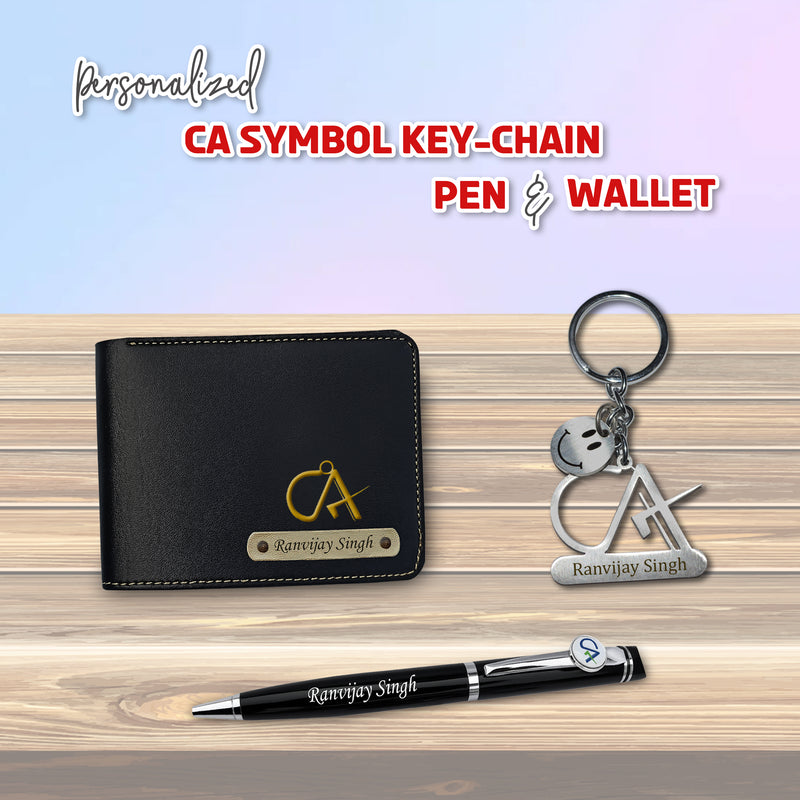 CA Combo: CA Logo Keychain, Pen & Wallet with Name.