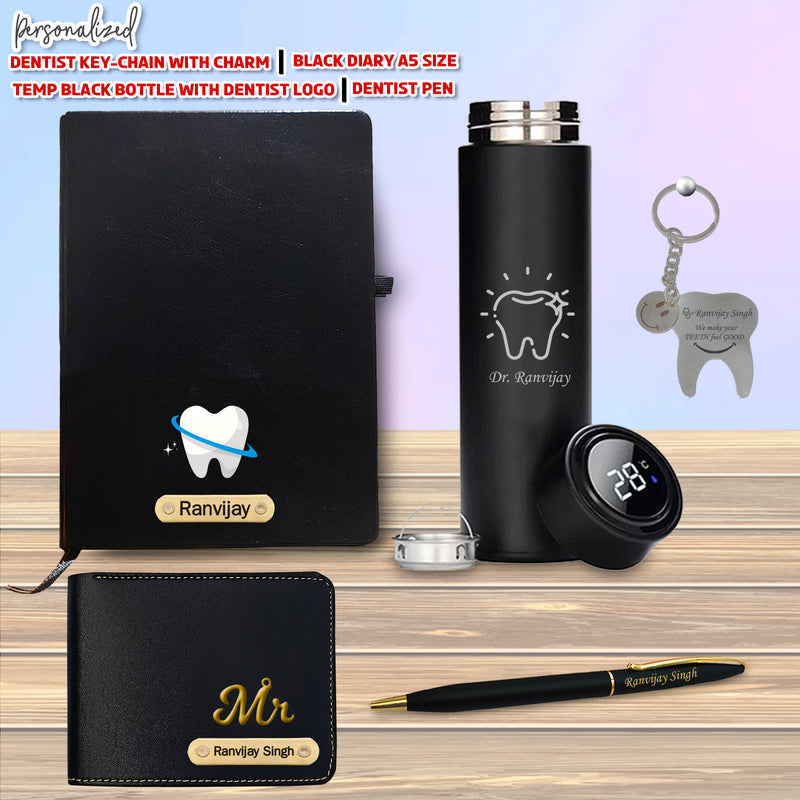 Customized Dentist's Gift Set- Keychain, Sleek Water Bottle, Pen, Wallet & Diary