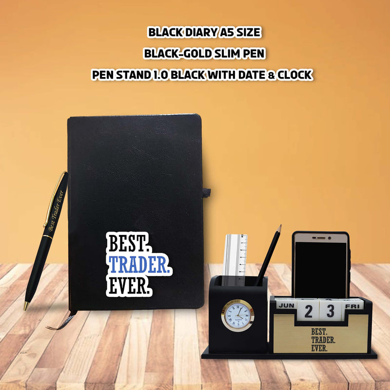 Traders Combo - Pen, Pen Stand & Diary with 'BEST Trader EVER' Quote Engraved & Printed