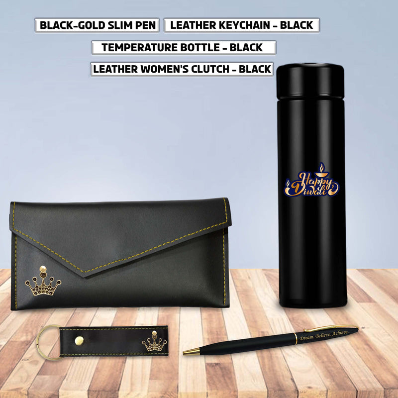 Personalized Gift Set for Women for Diwali – Clutch, Leather Keychain, Metal Pen, Black Bottle with 'Happy Diwali' Quote