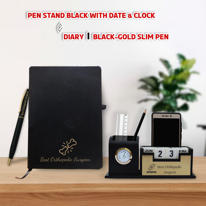 Orthopedic Combo-  Pen with 'Best Orthopedic Surgeon' Engraved, Pen Stand & Diary with Orthopedic Logo.