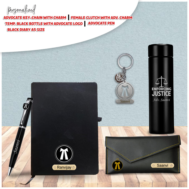 Customized Advocate Gift Set: Personalized Keychain, Bottle, Pen, Clutch & Diary.