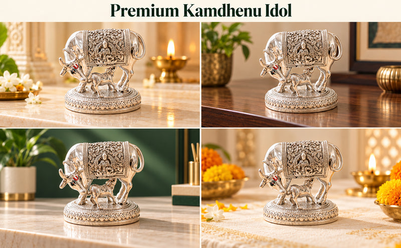 Kamdhenu Cow Idol 2.5 Inch Silver Plated German | Vastu Pooja Statue for Home Decor, Housewarming Gifts