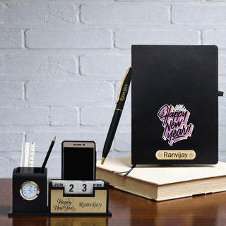 Customized New Year Gift Hamper - Brown Pen, Diary, and Pen Stand