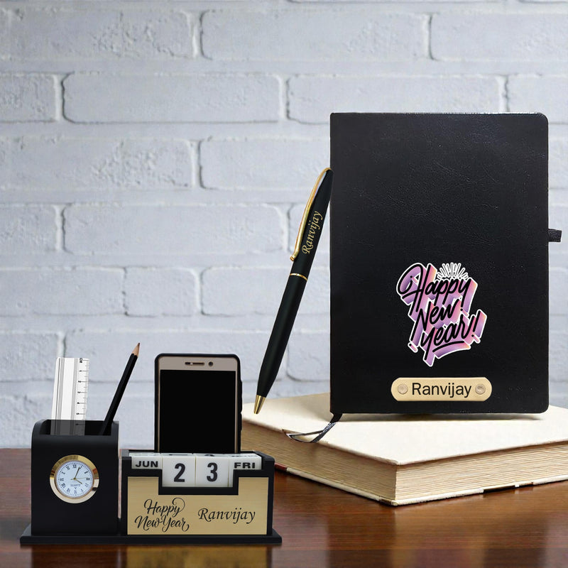Customized New Year Gift Hamper - Brown Pen, Diary, and Pen Stand