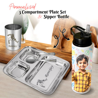 Personalized Kids Steel Plate Set with Cartoon & Name + Custom Photo Sipper Bottle