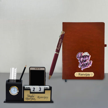 Customized New Year Gift Hamper - Brown Pen, Diary, and Pen Stand
