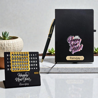 Customized New Year Hamper Combo (Black) - Infinity Calendar, Slim Pen & Leather Diary