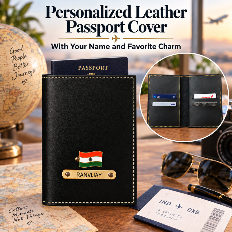 Personalized Leather Passport Cover with Name & Metal Charm | Customized Passport Cover for Men & Women | Customised Leather Passport Holder