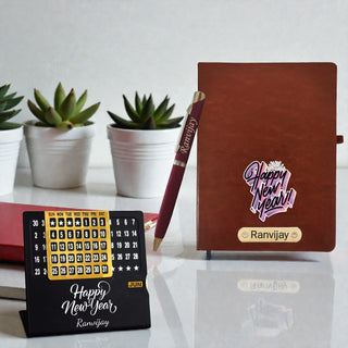 Customized New Year Hamper Combo (Brown) - Infinity Calendar, Slim Pen & Leather Diary