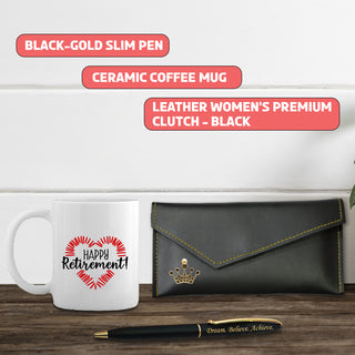 Retirement Gift Set for Women – Leather Clutch, Pen & Mug.