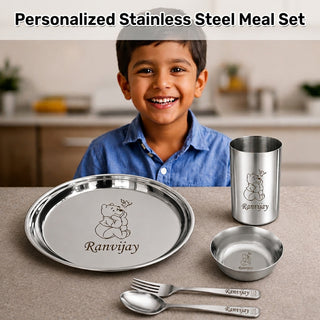 Customized Stainless Steel Meal Set with Name and Cartoon Character Engraved.