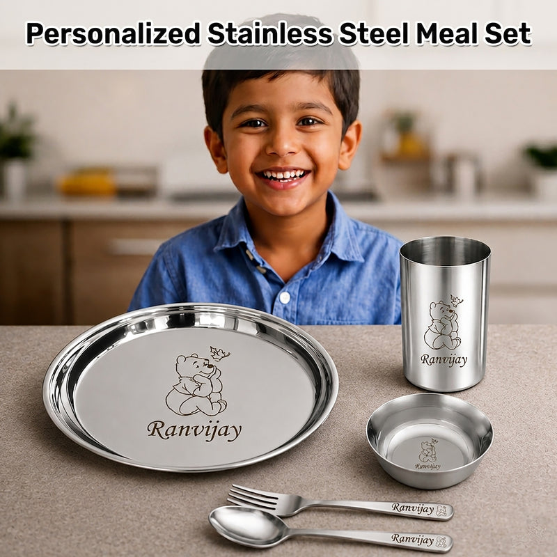 Customized Stainless Steel Meal Set with Name and Cartoon Character Engraved.