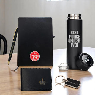 Police Set NP- Pen, Keychain, Bottle, Diary with 'Best Police Officer Ever' Engraved, Wallet with King Charm