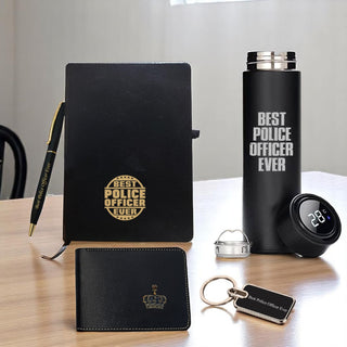Police Set NP- Pen, Keychain, Bottle, Diary with 'Best Police Officer Ever' Engraved, Wallet with King Charm