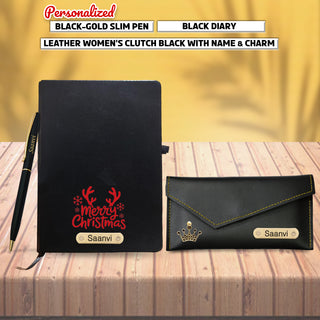 Customized Christmas Combo (Female) - Pen, Black A5 Diary, Leather Clutch