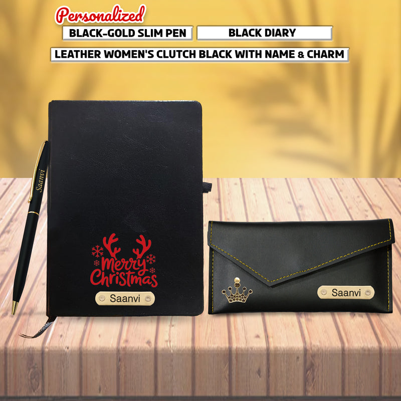 Customized Christmas Combo (Female) - Pen, Black A5 Diary, Leather Clutch