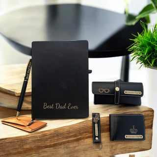 Father's Day Gift Combo- Customized Pen, Black Diary, Men's Wallet, Eyewear Case, & Keychain.