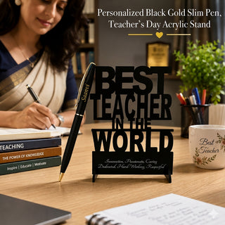 Custom Engraved Pen & Black Teacher's Stand.