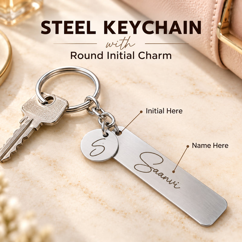 Personalized Initial Keychain | Stainless Steel Bar Key Ring with Round Letter Charm | Gift for Men & Women