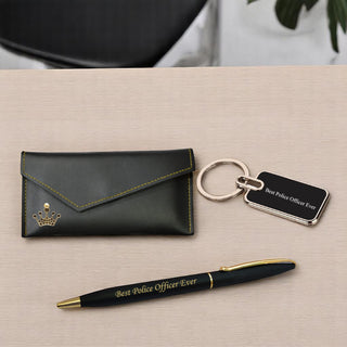 Police Set (Female) -Keychain & Pen with 'Best Police Officer Ever' Engraved,Clutch with Queen Charm