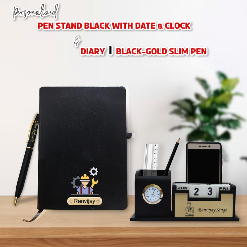 Customized Engineer's Combo Set-Slim Pen, Pen Stand with (Engineer Logo),& A5 Black Diary