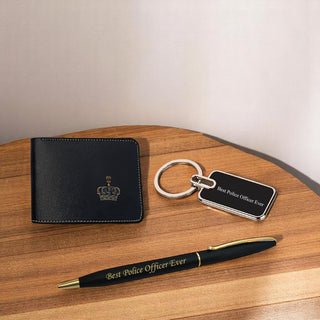 Police Set (Male) - Keychain & Pen with 'Best Police Officer Ever' Engraved, Wallet with King Charm.