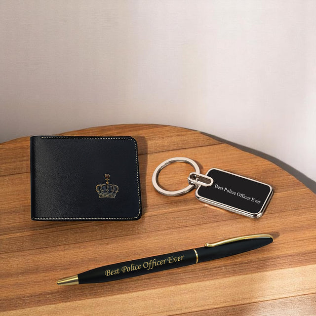 Police Set (Male) - Keychain & Pen with 'Best Police Officer Ever' Engraved, Wallet with King Charm.