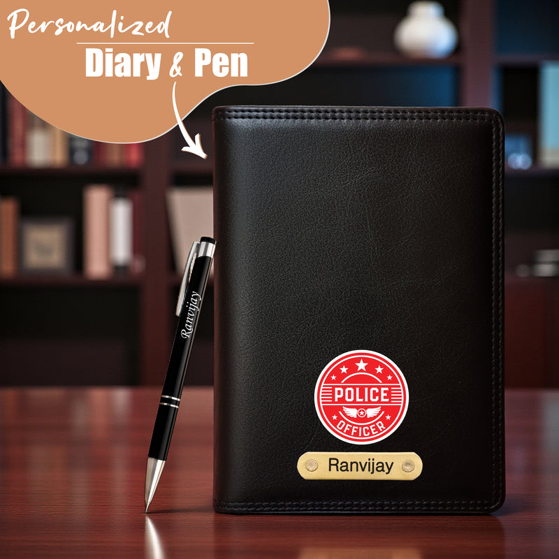 Customized Black Leather Diary with Coloured Police Logo & Name Engraved Pen.