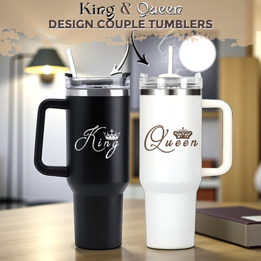 Black & White 1200 ML Straw Tumblers | King & Queen Design for Couples, Engraved Tumbler Set