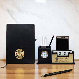 Police Combo - Pen & Diary with 'Best Police Officer Ever' Engraved, Pen Stand with Ashok Stambh Logo