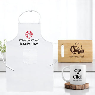 Chef's Personalized Combo - Master Chef Apron, Mug & Custom Chopping Board.