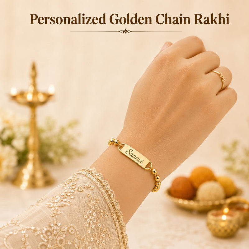 Personalized Rakhi with Name for Sister | Customized Rakhi with Name, Golden Chain Bracelet for Women (Pack of 2)