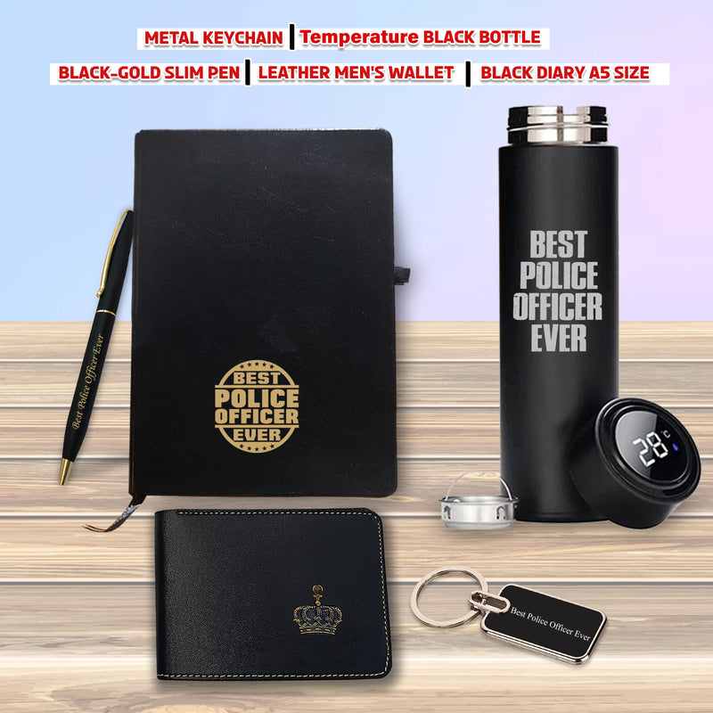 Police Set NP- Pen, Keychain, Bottle, Diary with 'Best Police Officer Ever' Engraved, Wallet with King Charm